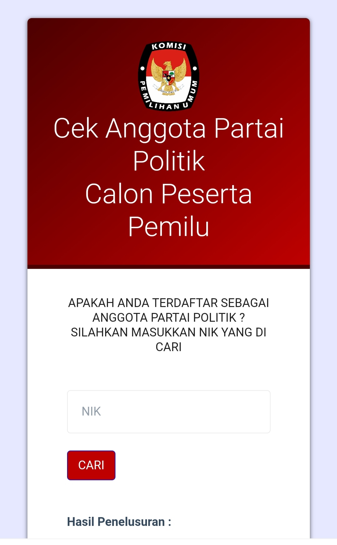 Sudah ada fitur khusus di website KPU untuk mengecek keanggotaan partai politik. Ayo pastikan bapak ibu terdaftar atau tidak dalam keanggotaan partai politik. Kunjungi website KPU:  https://infopemilu.kpu.go.id/Pemilu/Cari_nik