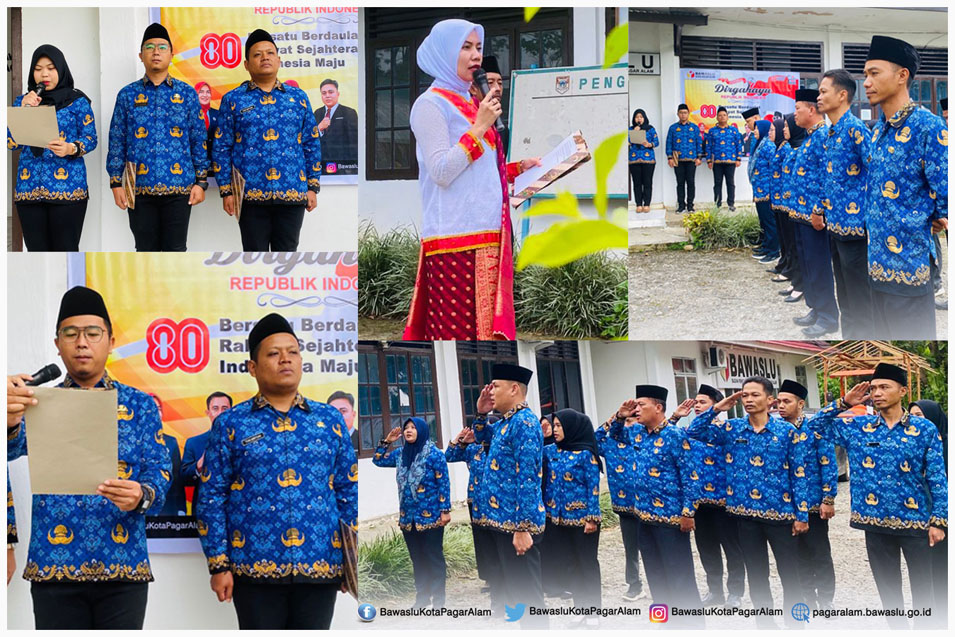 Jajaran pimpinan dan staf Bawaslu kota Pagar Alammelaksanakan upacara memperingati HUT RI KE-80 yang berlangsung di halaman kantor pada tanggal, 17 Agustus 2025.